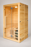 NaturalDoctor ND-E2S two-person hemlock sauna with 3 kW heater, three-quarter front view