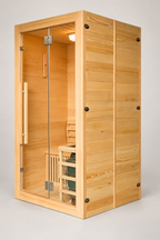 NaturalDoctor ND-E2S two-person hemlock sauna, side angle with glass door