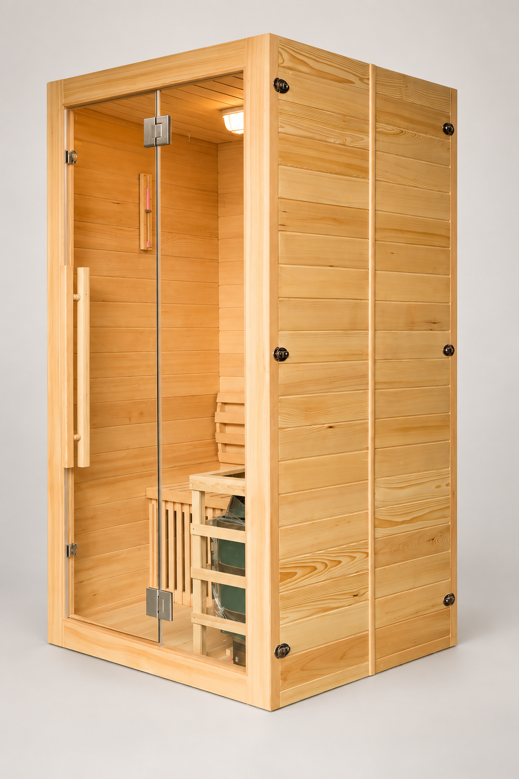 NaturalDoctor ND-E2S two-person hemlock sauna, side angle with glass door