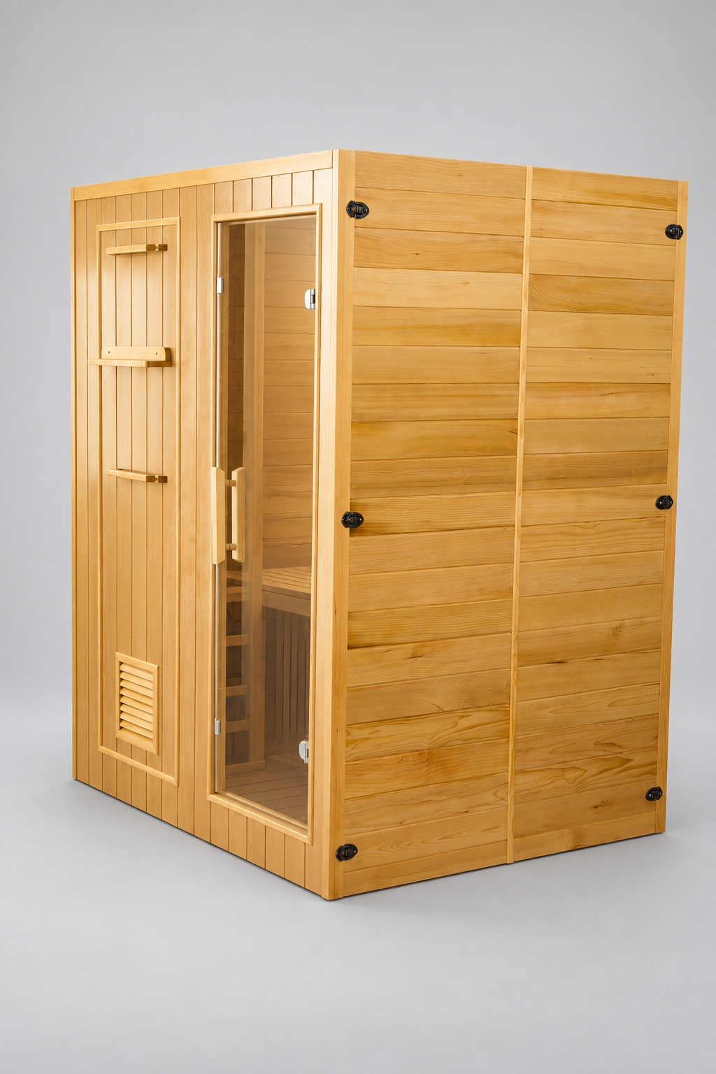 Natural Doctor ND-E3 hemlock sauna, three-quarter side view