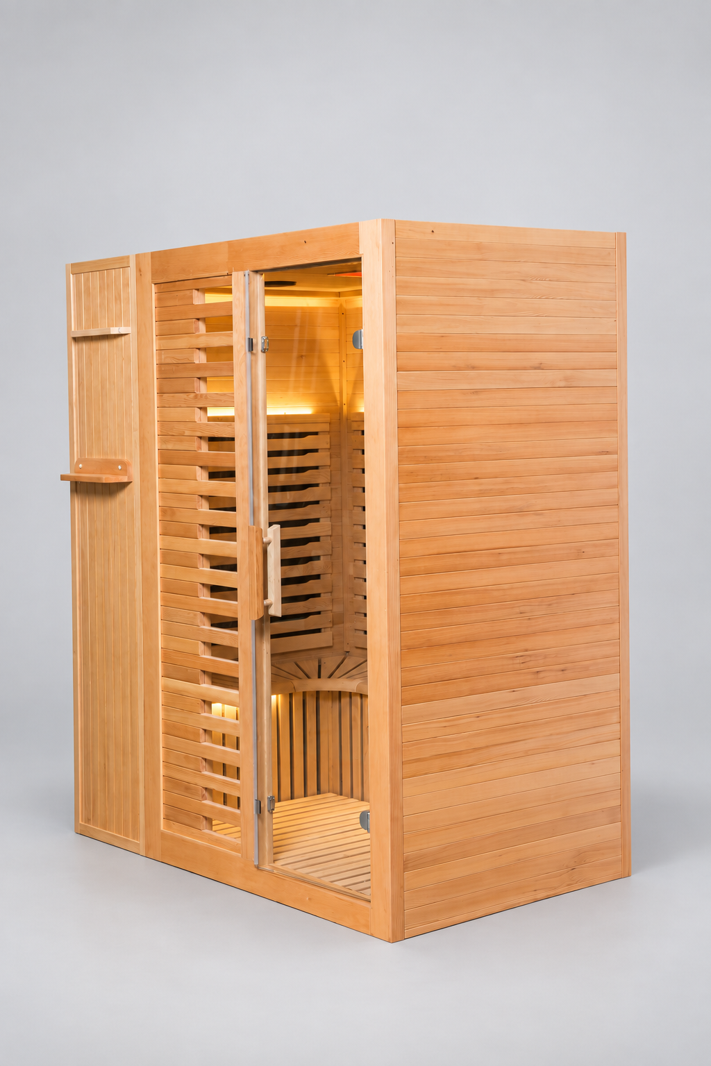 Natural Doctor ND-II2C hemlock infrared sauna, three-quarter view