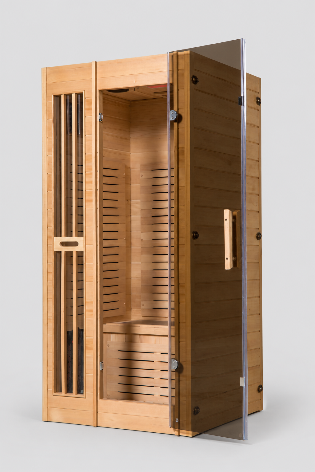 NaturalDoctor IMH1 sauna, open glass door and interior