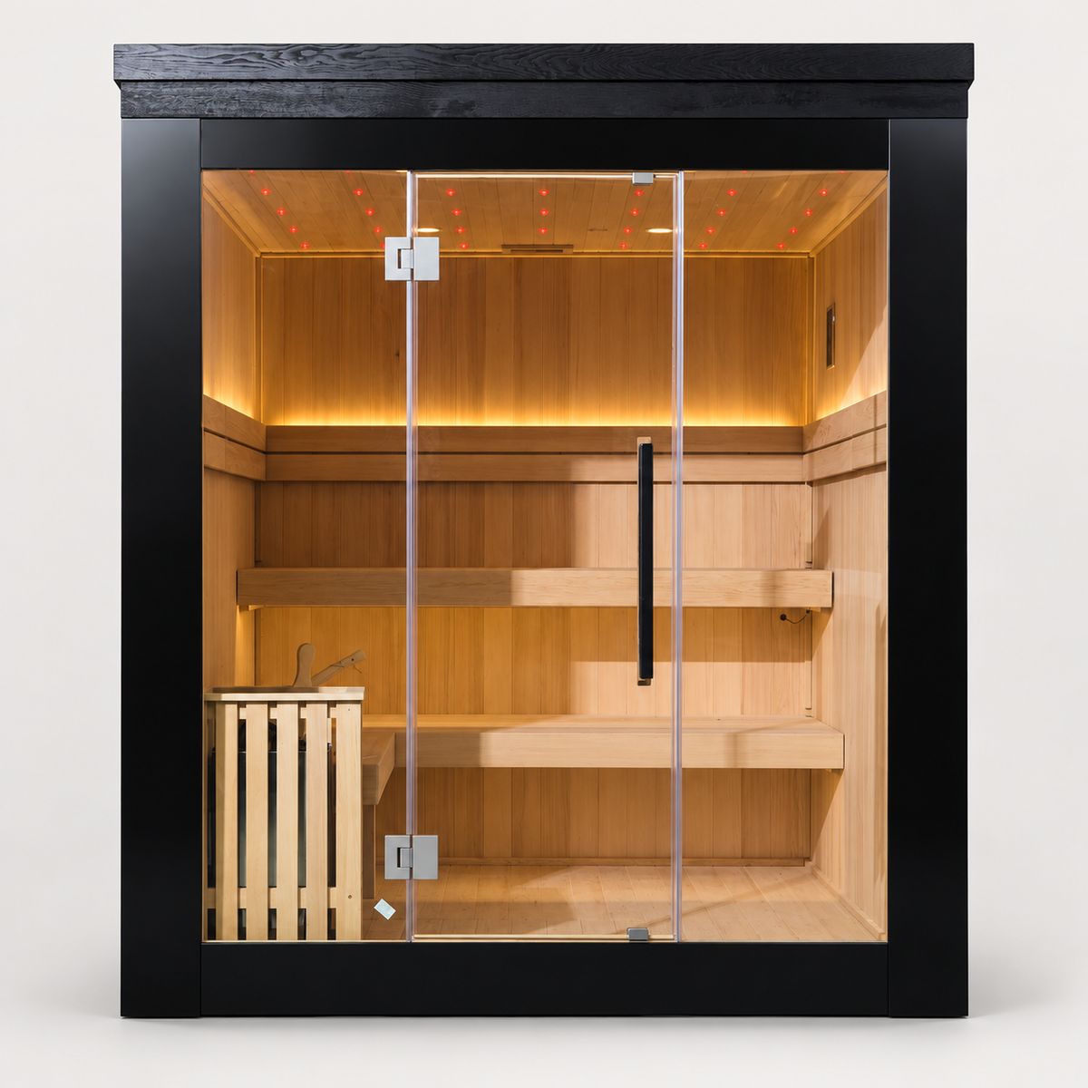 Natural Doctor ND-OB4 four-person outdoor sauna, front view with black frame and hemlock interior