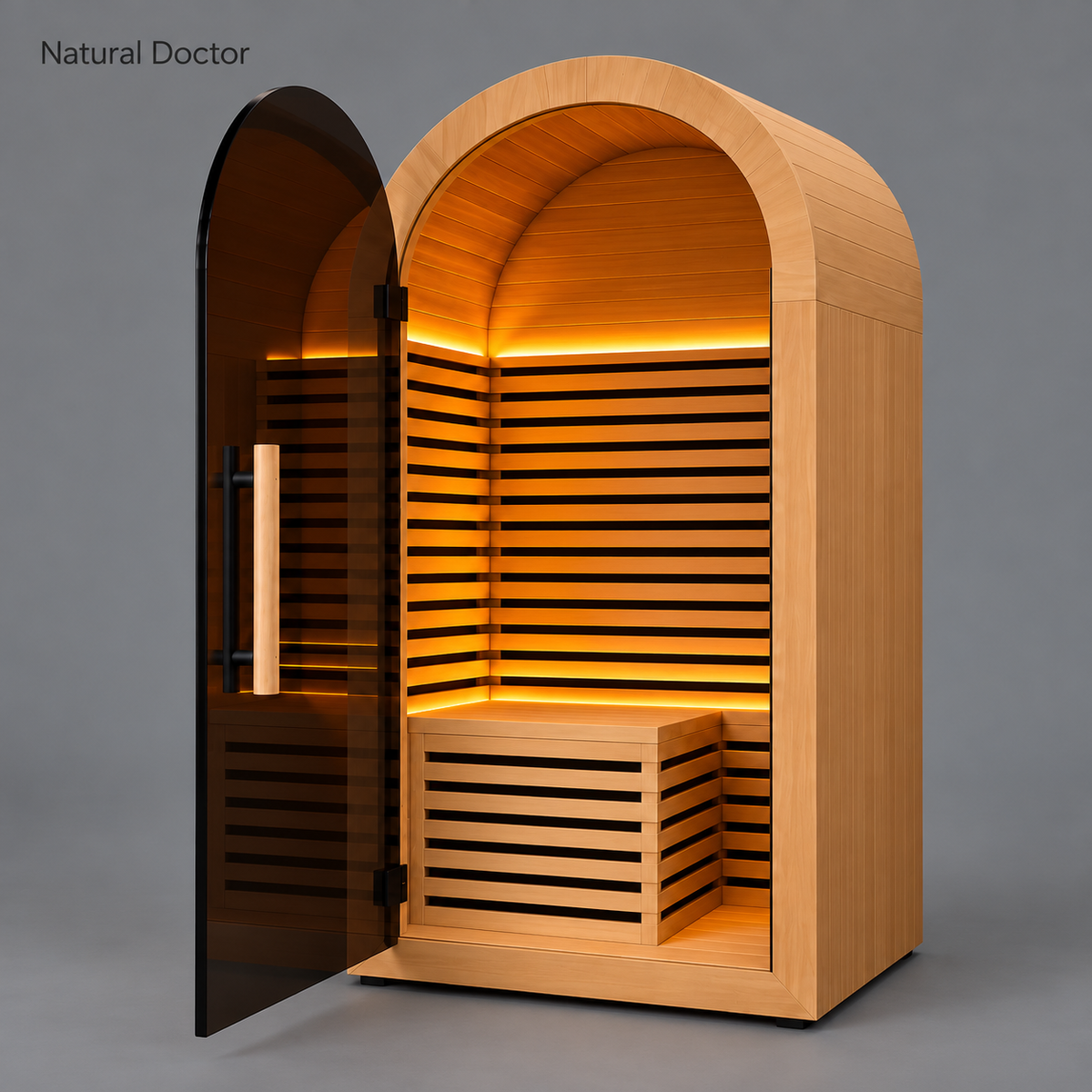 Natural Doctor Arched Canadian Hemlock Infrared Sauna — Open glass door and arched cabin interior รูปสินค้าหลัก