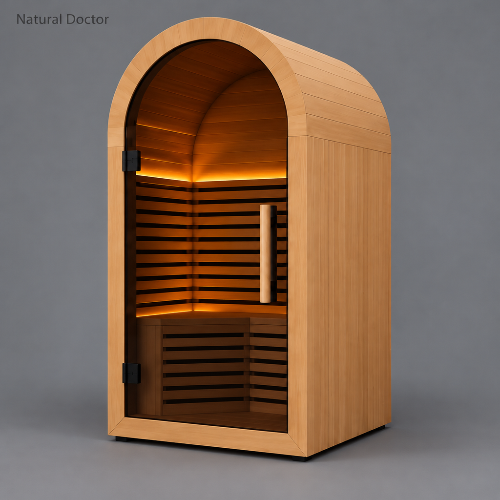 Natural Doctor Arched Canadian Hemlock Infrared Sauna — Closed glass door and arched cabin exterior
