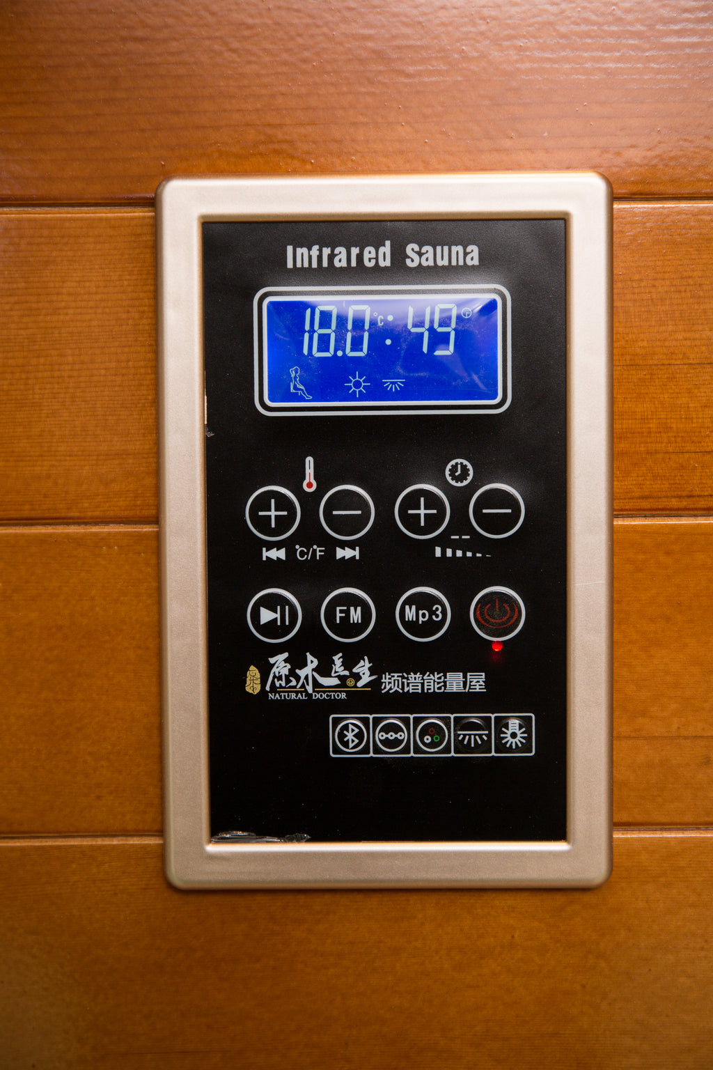 NaturalDoctor D2 two-person red cedar sauna — control panel