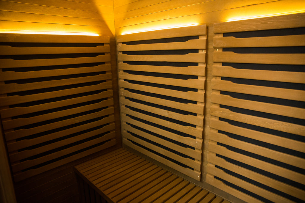 NaturalDoctor three-person red cedar infrared sauna — interior view (ND-IR3P configuration)